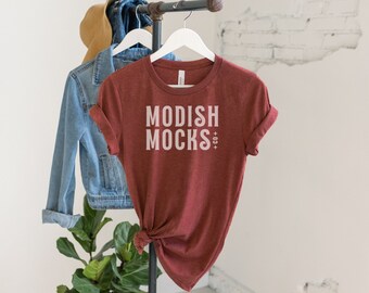 Bella Canvas 3001 Maqueta / Bella Canvas Red Shirt Maqueta / Maqueta de camiseta colgante / Heather Clay 3001 / Maqueta de camiseta atada / Camisa de otoño