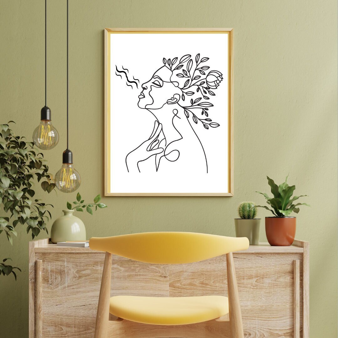 Floral Neutral Minimalist Woman Face Line Art Design Framed - Etsy