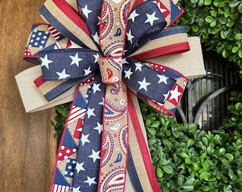 Rustic Patriotic Bow, patriotic wreath bow, patriotic lantern bow, patriotic mailbox bow, 4th of July decor, patriotic decor, Memorial Day