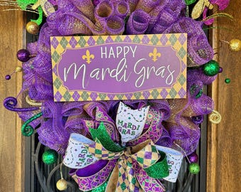 Mardi Gras wreath for door, Mardi Gras decor, Mardi Gras door hanger, Fleur de lis wreath, Fat Tuesday decor, New Orleans Carnival decor