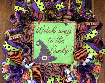 Halloween Wreath for door, Witch hat Wreath, Halloween Decor, Nonspooky Halloween wreath, Halloween home decor, witch way to the candy
