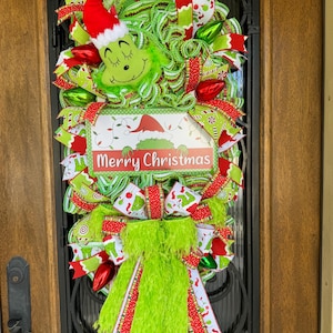 green monster wreath for door, green monster Christmas wreath, green monster swag for door, green monster Christmas decor, whimsical wreath
