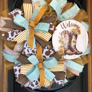 Welcome Wreath for front door, cowgirl  wreath,  sunflower wreath, farmhouse decor, cowgirl decor, farmhouse wreath, western home decor, cow