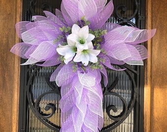 Cross wreath for front door, Easter Wreath, Religious Wreath, Easter Lily Wreath, Easter Cross Wreath, Cross Wreath, Christian Wreath, Cross