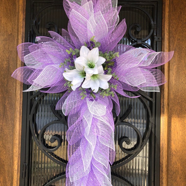 Cross wreath for front door, Easter Wreath, Religious Wreath, Easter Lily Wreath, Easter Cross Wreath, Cross Wreath, Christian Wreath, Cross