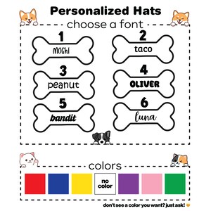Puede incluir: Una hoja de dise&ntilde;o imprimible para sombreros de perro personalizados. La hoja presenta seis plantillas diferentes en forma de hueso con los n&uacute;meros del 1 al 6. Cada hueso tiene un nombre de perro diferente escrito en &eacute;l: Moghi, taco, peanut, Oliver, bandit y luna. La hoja tambi&eacute;n incluye una tabla de colores con seis muestras de colores: rojo, azul, amarillo, sin color, morado, rosa y verde.