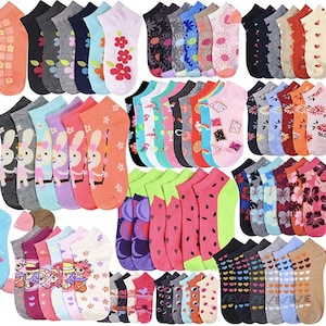 May include: A collection of 48 colorful ankle socks with various patterns, including floral, animal, geometric, and cartoon designs. The socks are arranged in rows and are all in the same style.