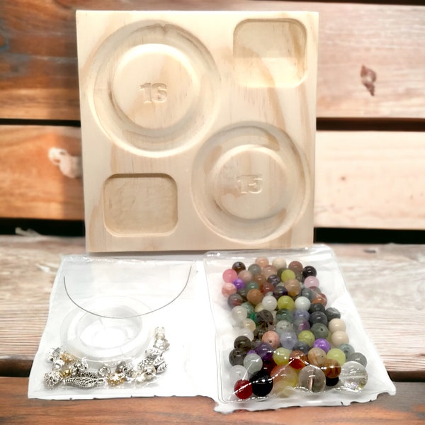 Starter Kit/Natural Gemstone bead bracelet making/Stretch Bracelet 100 mixed Beads/ Charms and String-5.5”x5.5” Wood bead board Included.