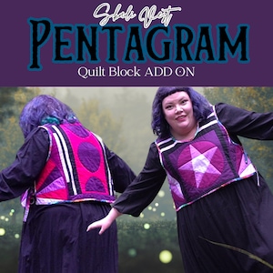 Peut inclure: L'image présente deux personnes portant des gilets matelassés avec un motif de pentagramme. Les gilets sont principalement violets, roses et noirs, avec des accents blancs. Le texte "Pentagram Quilt Block ADD ON" est affiché au-dessus.