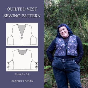 Op de afbeelding: Een gewatteerd vest naaipatroon met illustraties en de tekst "Quilted Vest Sewing Pattern". Het patroon bevat twee diagrammen van het vestontwerp. De tekst "Sizes 6 - 38" en "Beginner Friendly" zijn ook opgenomen.