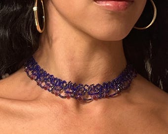 Handmade Beaded Lace Choker Necklace, Cobalt Blue & Purple Crystal Choker, Whimsigoth Statement Jewelry, Festival Boho Woven Lace Collar