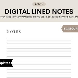 Op de afbeelding: Een digitale, afdrukbare notitie sjabloon met lijnen en de tekst "NOTES" bovenaan. De sjabloon is verkrijgbaar in 8 kleuren en bevat meer dan 60 sjablonen.