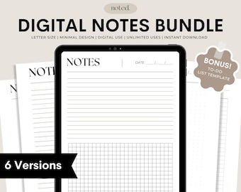 Könnte beinhalten: Ein digitales Notizbuch-Paket mit sechs verschiedenen Versionen, darunter liniertes, kariertes und gepunktetes Papier. Das Paket enthält auch eine To-Do-Listenvorlage. Die Notizen sind im Letter-Format und haben ein minimalistisches Design.