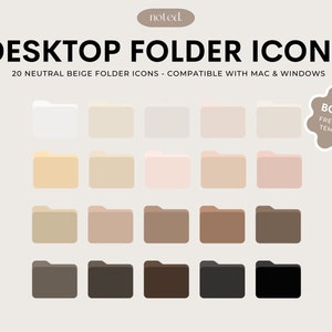 May include: A set of 20 neutral beige folder icons for desktop use. The icons are compatible with Mac and Windows operating systems. The icons are arranged in a grid of four rows and five columns. The icons are in various shades of beige, brown, and black.