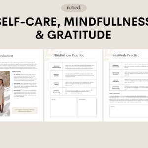 Peut inclure: Un journal imprimable sur le th&egrave;me du bien-&ecirc;tre, de la pleine conscience et de la gratitude avec un fond beige et des accents floraux marrons. Le journal comprend des sections pour l'introduction, la pratique de la pleine conscience et la pratique de la gratitude.