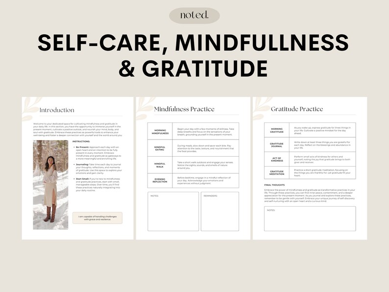 Peut inclure: Un journal imprimable sur le th&egrave;me du bien-&ecirc;tre, de la pleine conscience et de la gratitude avec un fond beige et des accents floraux marrons. Le journal comprend des sections pour l'introduction, la pratique de la pleine conscience et la pratique de la gratitude.