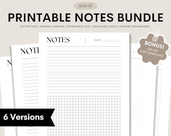 Printable Notes Page Bundle: Lined, Grid, Dot Paper