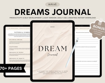 May include: A digital tablet displaying a light brown background with the text "DREAM Journal" in black. The text "A journal for people wanting to work through their dreams for personal growth & self discovery" is below the title. The tablet is on a white surface. The text "70+ PAGES" is in a black banner at the bottom left of the image.