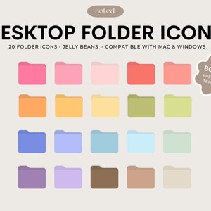 May include: Twenty colourful folder icons in a grid pattern. The icons are in various shades of pink, orange, yellow, blue, purple, brown, and beige. The icons are labelled "Desktop Folder Icons" and "20 Folder Icons - Jelly Beans - Compatible with Mac & Windows".