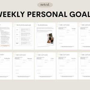Peut inclure: Un planificateur d'objectifs personnels hebdomadaire imprimable avec des sections pour l'introduction, les objectifs hebdomadaires, la r&eacute;flexion et le suivi des objectifs quotidiens. Le planificateur a un design minimaliste avec un fond beige et des accents floraux.