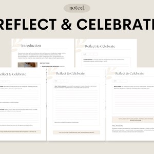 Peut inclure: Une feuille de travail imprimable intitul&eacute;e "R&eacute;fl&eacute;chir et c&eacute;l&eacute;brer" avec des sections pour la gratitude, la r&eacute;flexion, la compassion envers soi-m&ecirc;me, les prochaines &eacute;tapes, les r&eacute;flexions finales et les r&eacute;alisations.