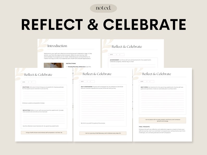 Peut inclure: Une feuille de travail imprimable intitul&eacute;e "R&eacute;fl&eacute;chir et c&eacute;l&eacute;brer" avec des sections pour la gratitude, la r&eacute;flexion, la compassion envers soi-m&ecirc;me, les prochaines &eacute;tapes, les r&eacute;flexions finales et les r&eacute;alisations.