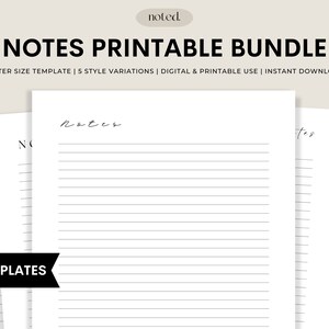 Op de afbeelding: Een printbare bundel met 20 notitie sjablonen in letterformaat. De sjablonen hebben een eenvoudig ontwerp met gestreept papier en het woord "notes" in cursief bovenaan.
