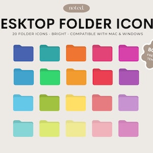 May include: Twenty colorful folder icons in a grid pattern. The icons are in various shades of blue, green, yellow, orange, red, and purple. The text "DESKTOP FOLDER ICONS" is at the top of the image. The text "20 FOLDER ICONS - BRIGHT - COMPATIBLE WITH MAC & WINDOWS" is below the title. A speech bubble with the text "BONUS! FREE NOTES TEMPLATE!" is in the upper right corner of the image.