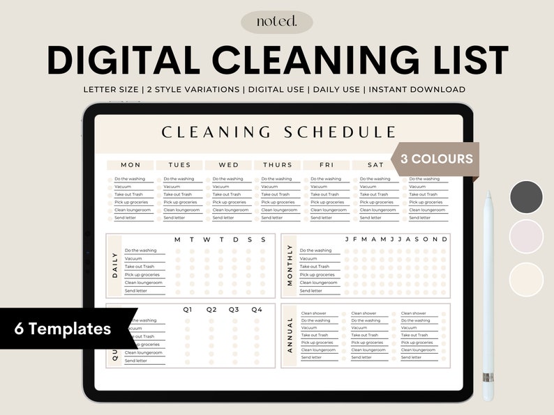 Digital Cleaning List, Cleaning Checklist, Goodnotes, Cleaning Template