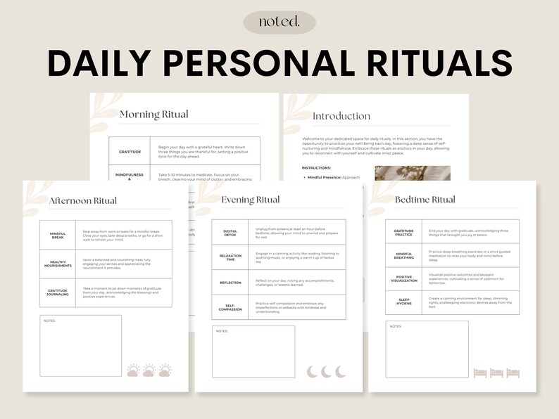 Peut inclure: Une feuille de travail imprimable intitul&eacute;e "Rituels personnels quotidiens" avec quatre sections&nbsp;: rituel du matin, rituel de l&rsquo;apr&egrave;s-midi, rituel du soir et rituel du coucher. Chaque section comprend une liste d&rsquo;activit&eacute;s pour vous aider &agrave; cr&eacute;er une routine pleine de conscience.