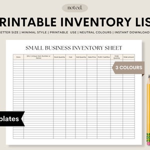 May include: Printable inventory list template for small businesses. The sheet includes columns for date, SKU, item name, stock quantity, cost, sold quantity, sales price, profit/cashflow, order quantity, and order amount. The template is available in three colours.