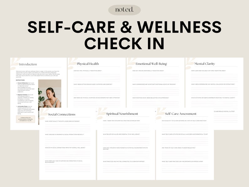Peut inclure: Un guide imprimable de v&eacute;rification de l'auto-soin et du bien-&ecirc;tre avec des sections pour l'introduction, la sant&eacute; physique, le bien-&ecirc;tre &eacute;motionnel, la clart&eacute; mentale, les connexions sociales, l'&eacute;panouissement spirituel et l'&eacute;valuation de l'auto-soin.