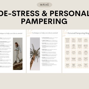 Peut inclure: Un guide imprimable avec des conseils pour le d&eacute;stress et la d&eacute;tente personnelle. Le guide comprend des techniques pour vous aider &agrave; vous d&eacute;tendre et &agrave; vous relaxer, comme la respiration profonde, le yoga et l'aromath&eacute;rapie. Il comprend &eacute;galement un bingo de d&eacute;tente personnelle avec des activit&eacute;s comme prendre un bain moussant, se faire masser ou lire un livre.