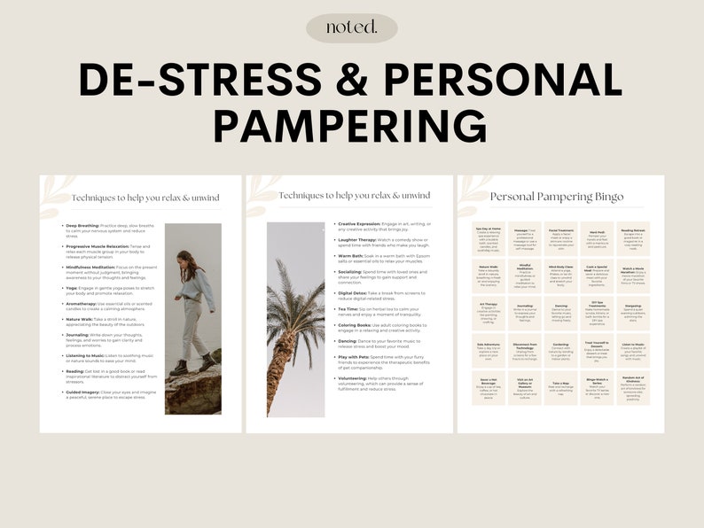 Peut inclure: Un guide imprimable avec des conseils pour le d&eacute;stress et la d&eacute;tente personnelle. Le guide comprend des techniques pour vous aider &agrave; vous d&eacute;tendre et &agrave; vous relaxer, comme la respiration profonde, le yoga et l'aromath&eacute;rapie. Il comprend &eacute;galement un bingo de d&eacute;tente personnelle avec des activit&eacute;s comme prendre un bain moussant, se faire masser ou lire un livre.