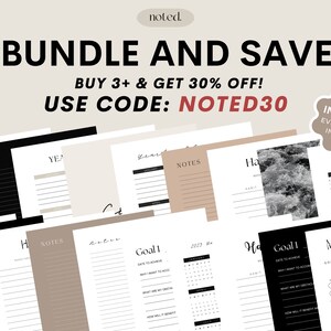 Peut inclure: Un lot de planificateurs num&eacute;riques avec un design en marbre noir et blanc. Le lot comprend une vari&eacute;t&eacute; de pages imprimables pour la d&eacute;finition d'objectifs, le suivi des habitudes et la prise de notes. Le texte "BUNDLE AND SAVE" est affich&eacute; en lettres noires grasses. Le texte "BUY 3+ & GET 30% OFF!" est affich&eacute; en lettres noires. Le texte "USE CODE: NOTED30" est affich&eacute; en lettres rouges. Le texte "INCLUDES EVERYTHING IN SHOP!" est affich&eacute; en lettres noires sur fond blanc.