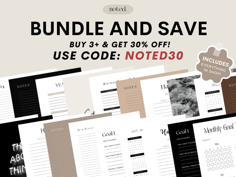 Peut inclure: Un lot de planificateurs num&eacute;riques avec un design en marbre noir et blanc. Le lot comprend une vari&eacute;t&eacute; de pages imprimables pour la d&eacute;finition d'objectifs, le suivi des habitudes et la prise de notes. Le texte "BUNDLE AND SAVE" est affich&eacute; en lettres noires grasses. Le texte "BUY 3+ & GET 30% OFF!" est affich&eacute; en lettres noires. Le texte "USE CODE: NOTED30" est affich&eacute; en lettres rouges. Le texte "INCLUDES EVERYTHING IN SHOP!" est affich&eacute; en lettres noires sur fond blanc.