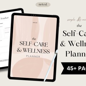 Peut inclure: Un planificateur num&eacute;rique avec un design abstrait rose et blanc. Le texte "the SELF-CARE & WELLNESS PLANNER" est affich&eacute; &agrave; l'&eacute;cran. Le planificateur est affich&eacute; sur une tablette avec un stylet blanc. Le texte "simple & minimal the Self-Care & Wellness Planner 45+ PAGES" est affich&eacute; &agrave; droite de l'image.