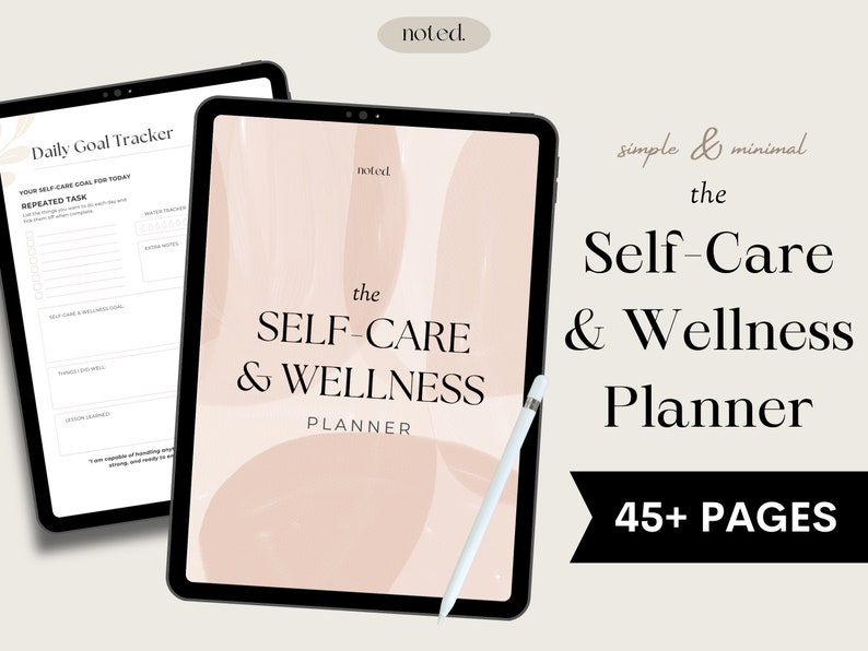 Peut inclure: Un planificateur num&eacute;rique avec un design abstrait rose et blanc. Le texte "the SELF-CARE & WELLNESS PLANNER" est affich&eacute; &agrave; l'&eacute;cran. Le planificateur est affich&eacute; sur une tablette avec un stylet blanc. Le texte "simple & minimal the Self-Care & Wellness Planner 45+ PAGES" est affich&eacute; &agrave; droite de l'image.