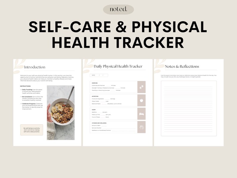 Peut inclure: Un tracker de sant&eacute; physique et de bien-&ecirc;tre imprimable avec trois sections&nbsp;: Introduction, Suivi quotidien de la sant&eacute; physique et Notes et r&eacute;flexions. Le tracker comprend un journal quotidien pour suivre l&rsquo;exercice, la nutrition, le sommeil et les niveaux de stress. La section Introduction fournit des conseils pour prendre soin de soi et vivre sainement.
