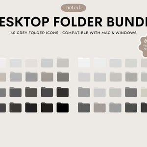 May include: A set of 40 grey folder icons for desktop use. The icons are in various shades of grey, from light to dark. The icons are compatible with Mac and Windows operating systems. The text "BONUS! FREE NOTES TEMPLATE!" is in a yellow speech bubble.