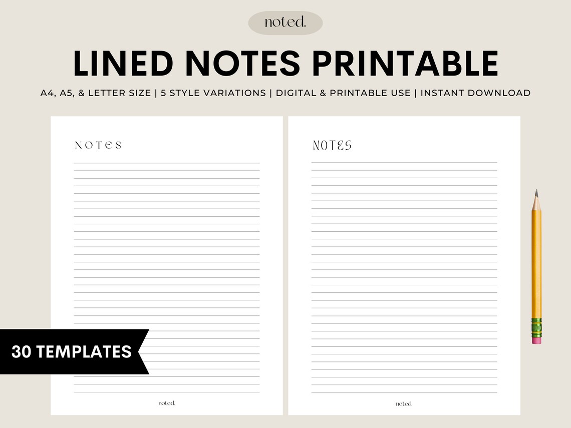 Printable &amp; Digital Notes Template, Lined Notes Template, Note Taking ...