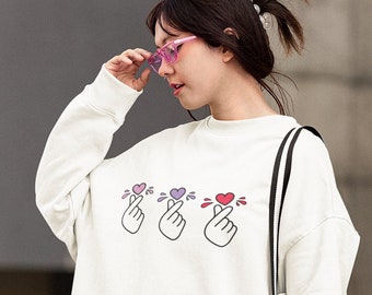 Felpa coreana Finger Heart, Maglione Finger Heart, Kdrama, Kpop, Cuore coreano, Camicia coreana carina, Felpa Saranghae, Maglione a cuore