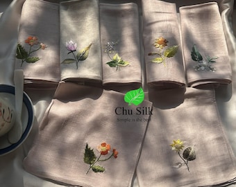 Hand-embroidered silk napkins with floral patterns, silk napkins with cherry blossom, lotus, rice stalk, wildflower, table decorations