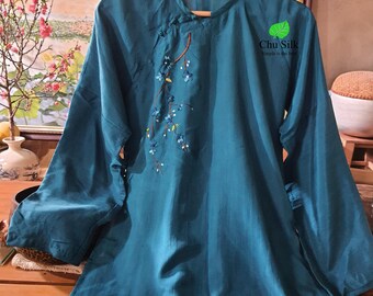ao dai embroidered with peach blossoms pure silk- Vietnamese traditional long dress
