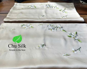 Personalized Hand-Embroidered Floral Silk Pillowcase – 19 Momme Silk,  Beige, Size Queen/King