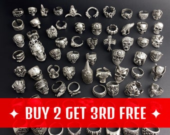 MASCULINE SILVER RINGS • Chunky Skull Biker For Men • Gift For Him • Gothic Rings For Women • Vintage Adjustable• Buy 2 Get 3rd Free ! B01