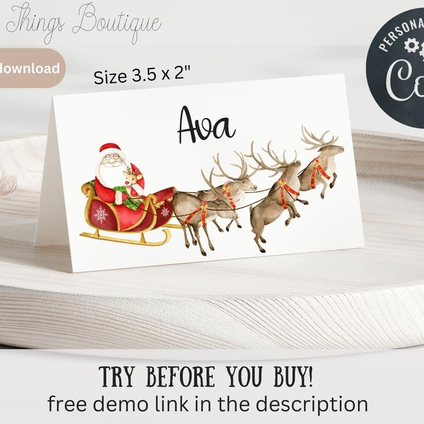 Printable Santa Christmas Place Card, Christmas party name place cards, Christmas Table Decor, flat and folded seating cards