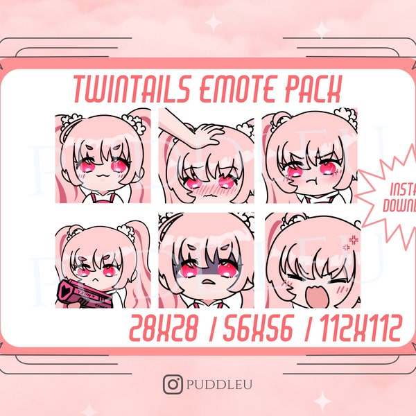 Twintails Pink Haired Chibi Girl Twitch Emote Pack | Cute Tsundere Anime Girl Emotes | Streamer Graphics | Discord Youtube