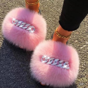 Bling Slides, Shoes for Women, Open-Toe Slippers, Comfortable Shoes, Women's Slides, Gifts for Her, Faux Fur Slippers,