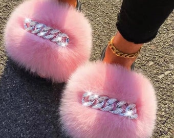 Bling Slides, Shoes for Women, Open-Toe Slippers, Comfortable Shoes, Women's Slides, Gifts for Her, Faux Fur Slippers,